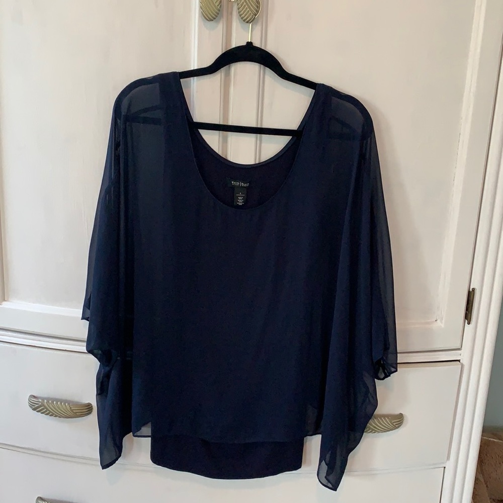 Navy tank with sheer overlay sleeves